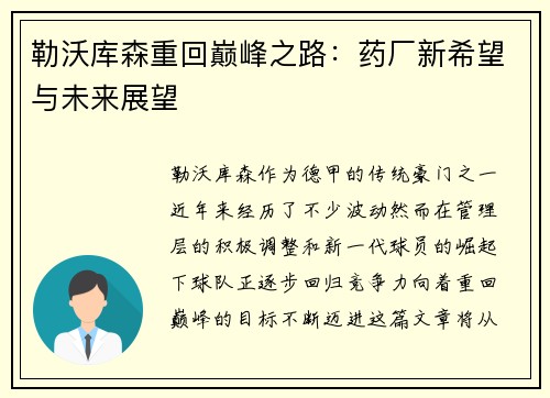 勒沃库森重回巅峰之路：药厂新希望与未来展望